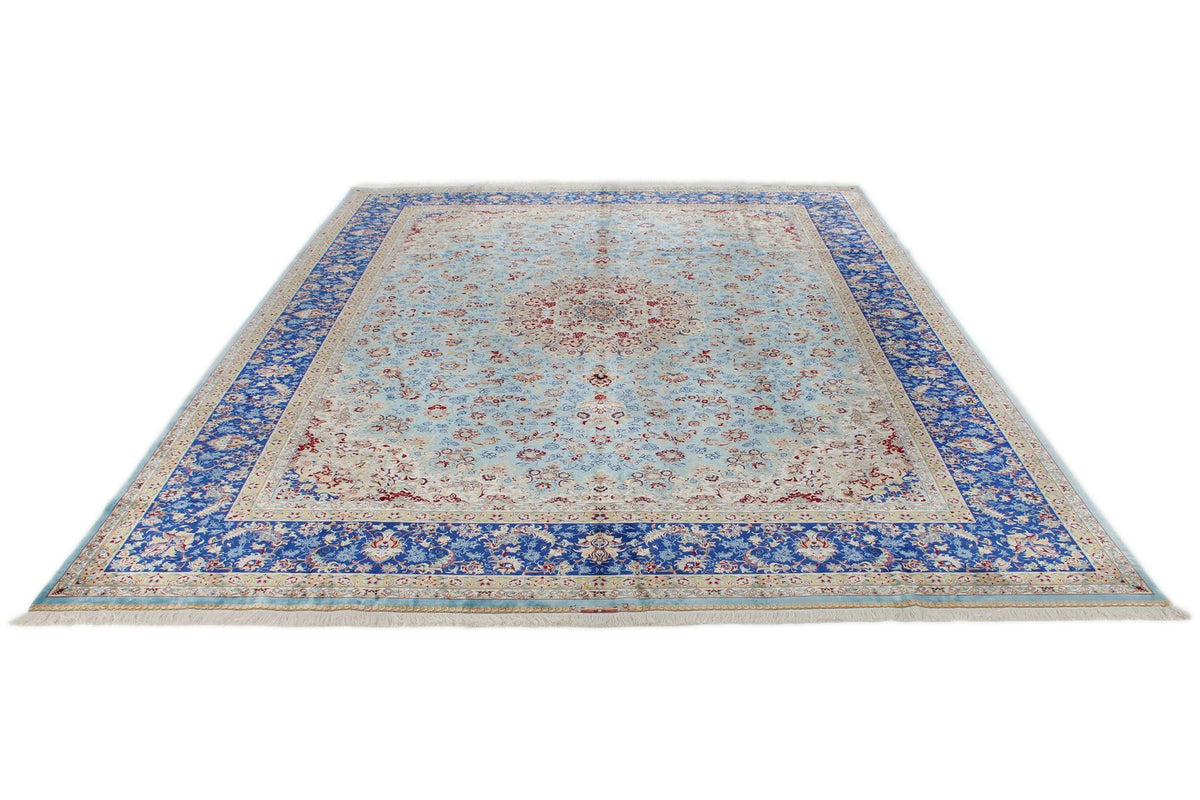 10x13 Light Blue and Navy Turkish Silk Rug
