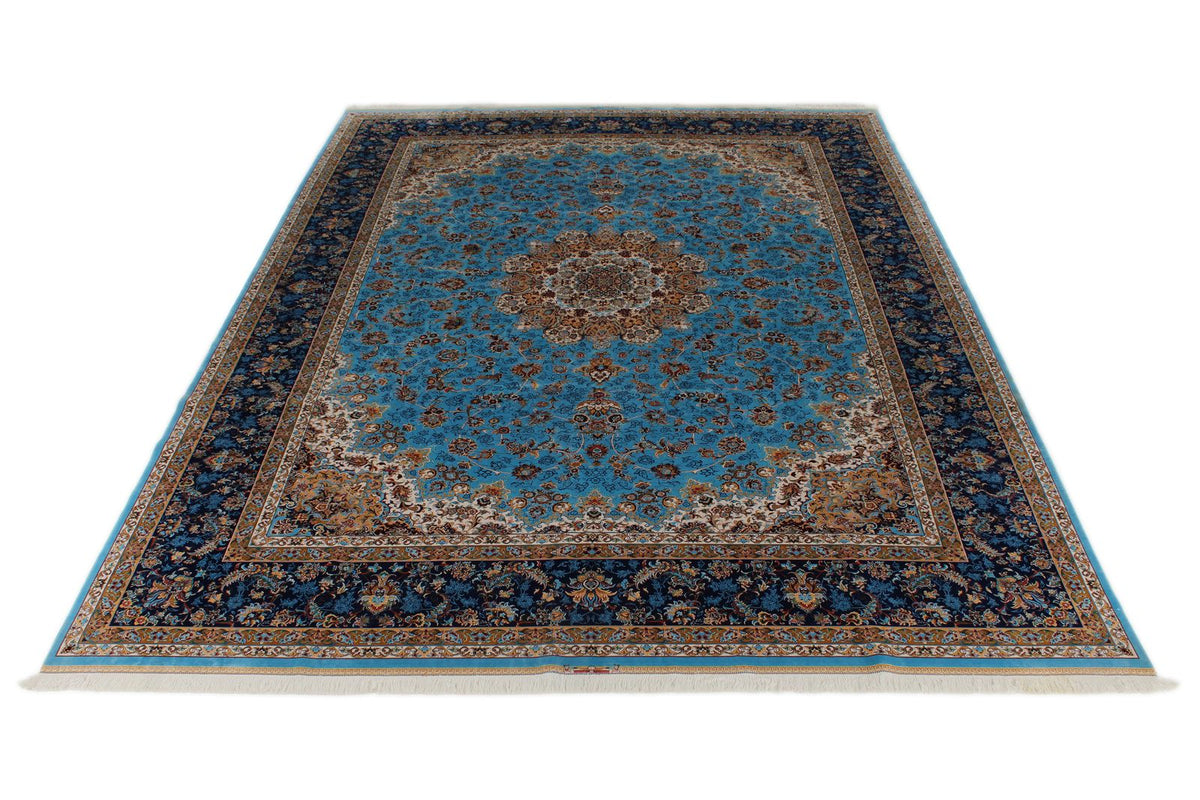 10x13 Light Blue and Navy Turkish Silk Rug
