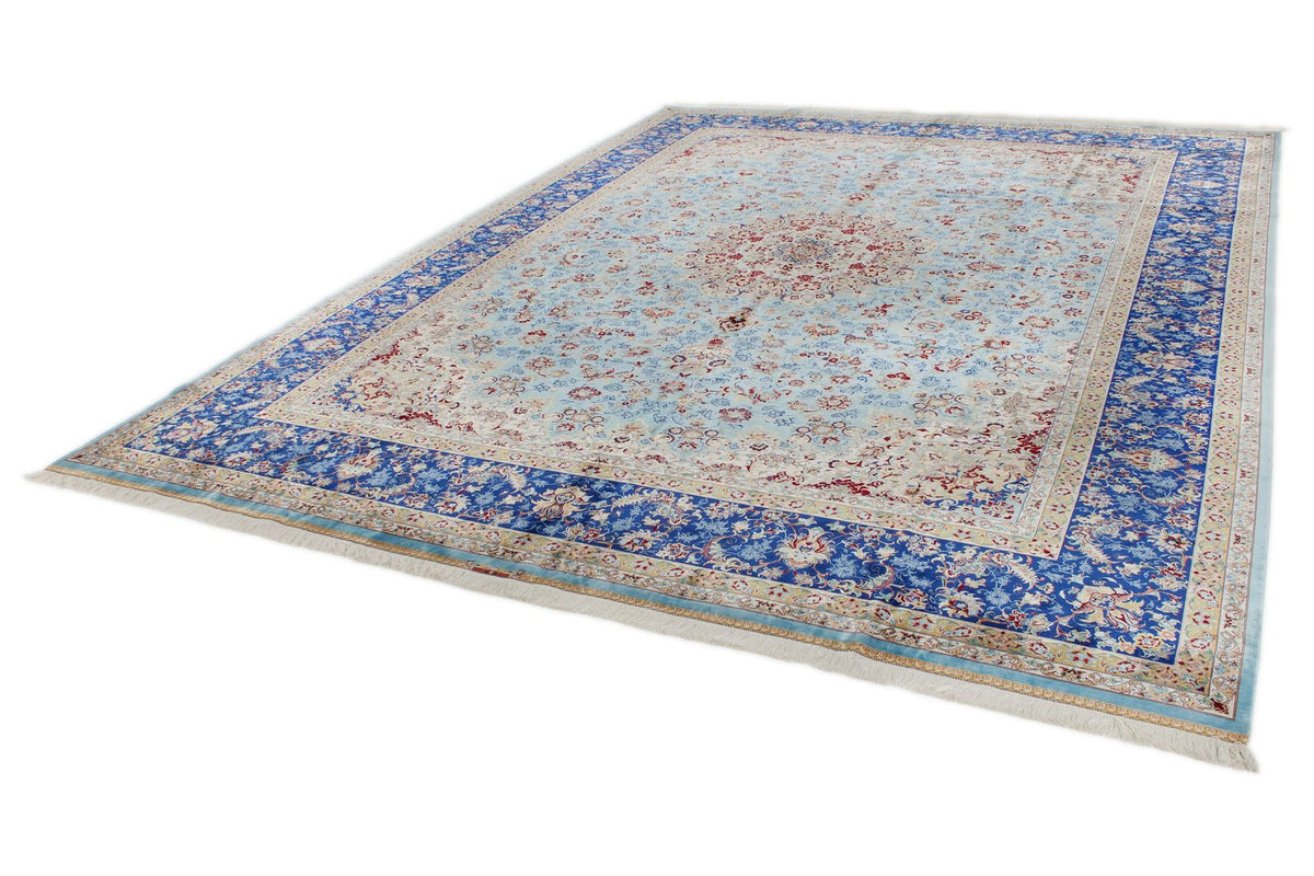 10x13 Light Blue and Navy Turkish Silk Rug