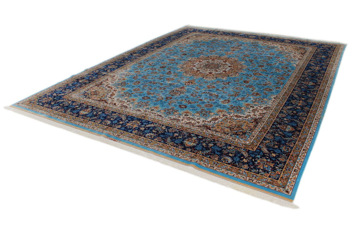 10x13 Light Blue and Navy Turkish Silk Rug