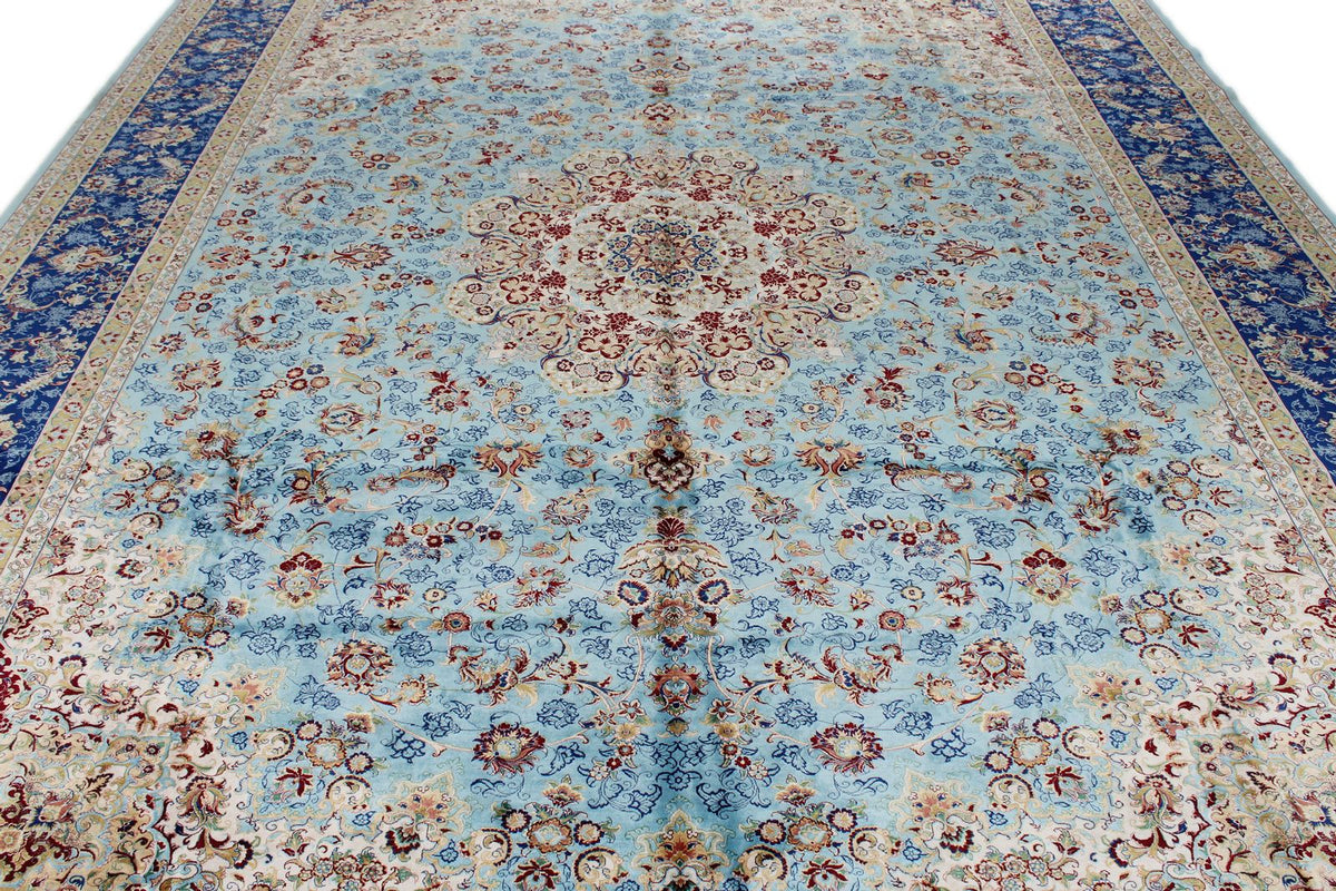 10x13 Light Blue and Navy Turkish Silk Rug