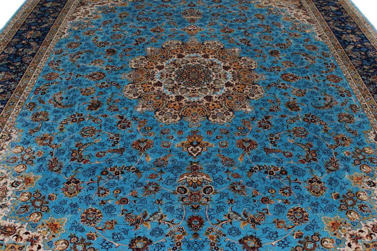 10x13 Light Blue and Navy Turkish Silk Rug
