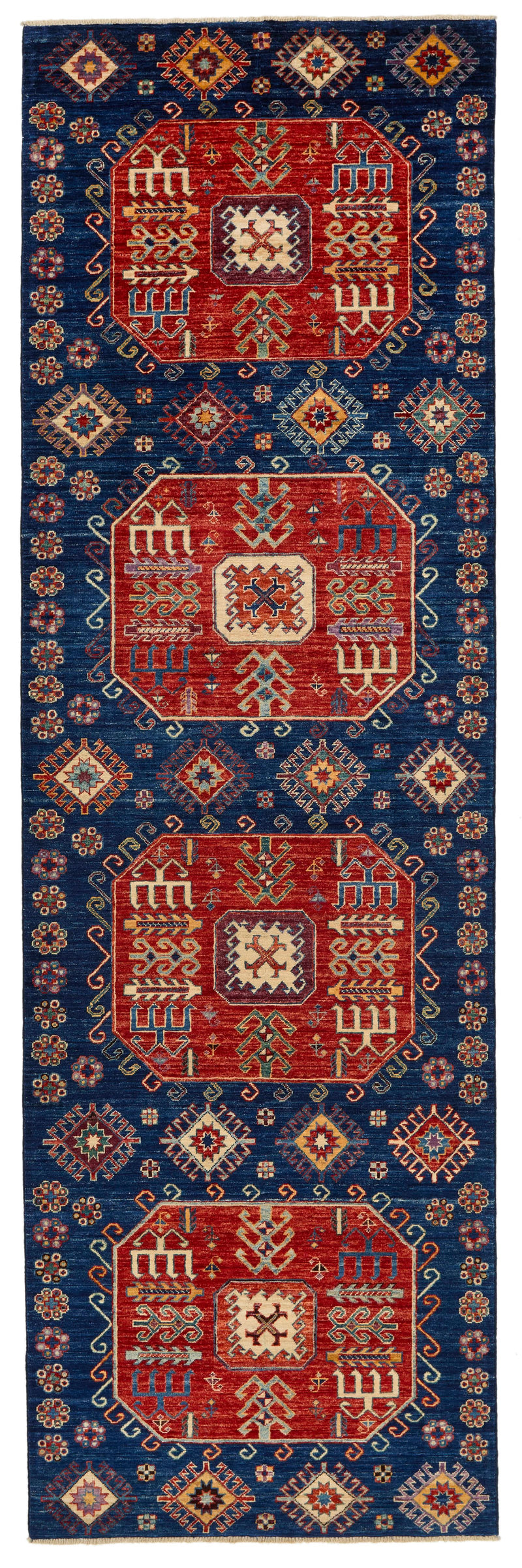 4x13 Red and Navy Anatolian Traditional Rug