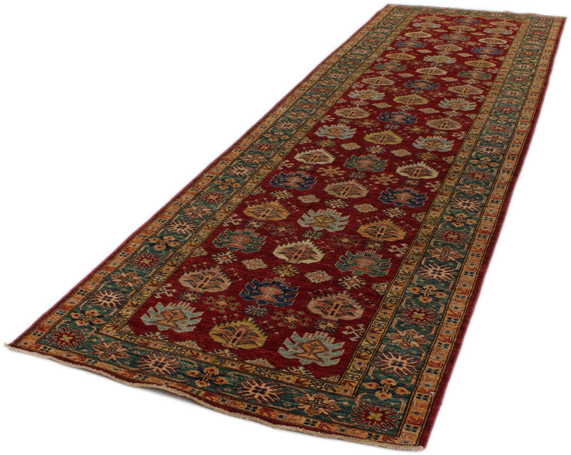 4x13 Red and Green Kazak Tribal Runner