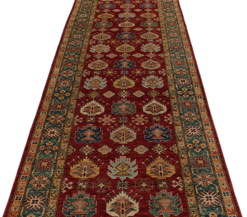 4x13 Red and Green Kazak Tribal Runner