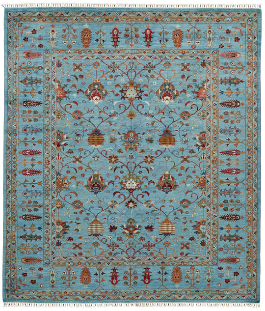 8x9 Light Blue and Multicolor Turkish Tribal Rug