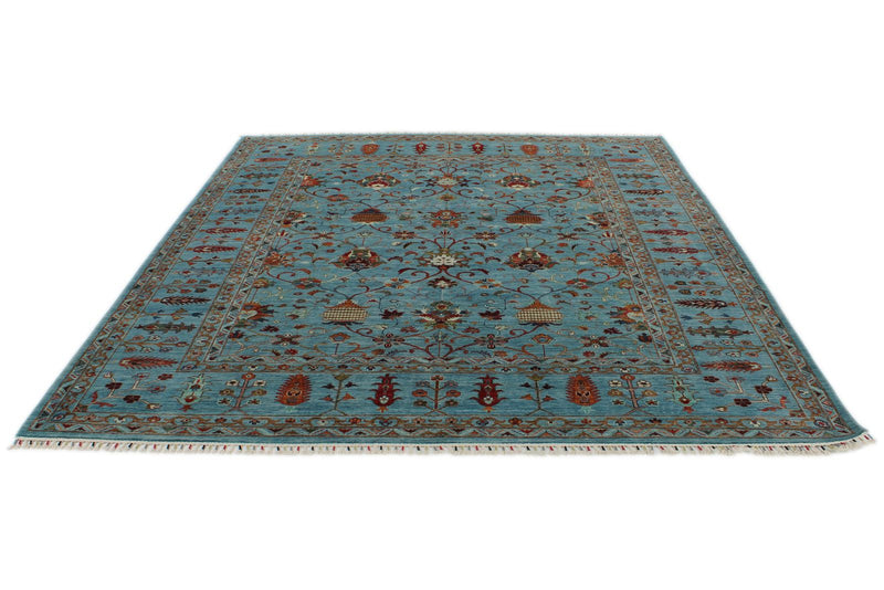 8x9 Light Blue and Multicolor Turkish Tribal Rug