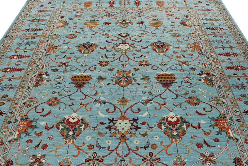8x9 Light Blue and Multicolor Turkish Tribal Rug