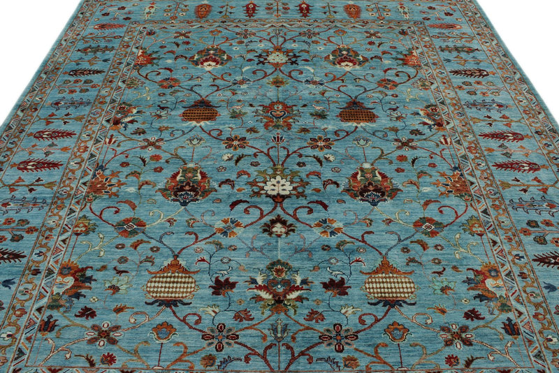 8x9 Light Blue and Multicolor Turkish Tribal Rug