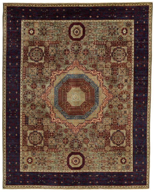 8x10 Light Green and Navy Turkish Tribal Rug