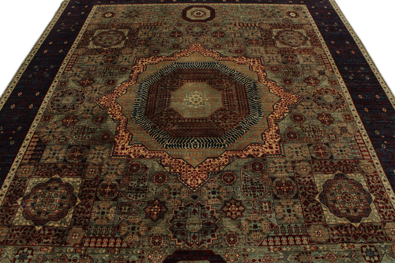 8x10 Light Green and Navy Turkish Tribal Rug