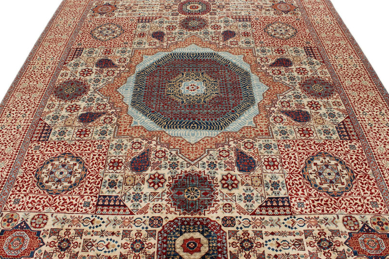 8x10 Ivory and Multicolor Turkish Tribal Rug