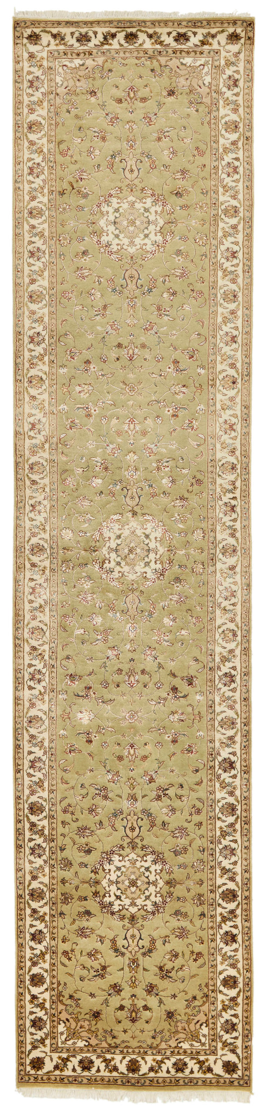 3x12 Light Green and Ivory Turkish Silk Runner