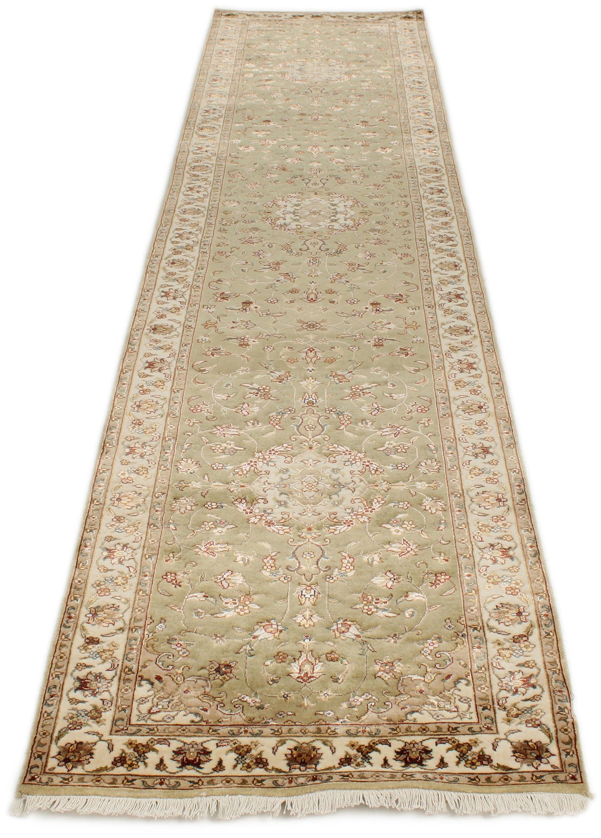3x12 Light Green and Ivory Turkish Silk Runner