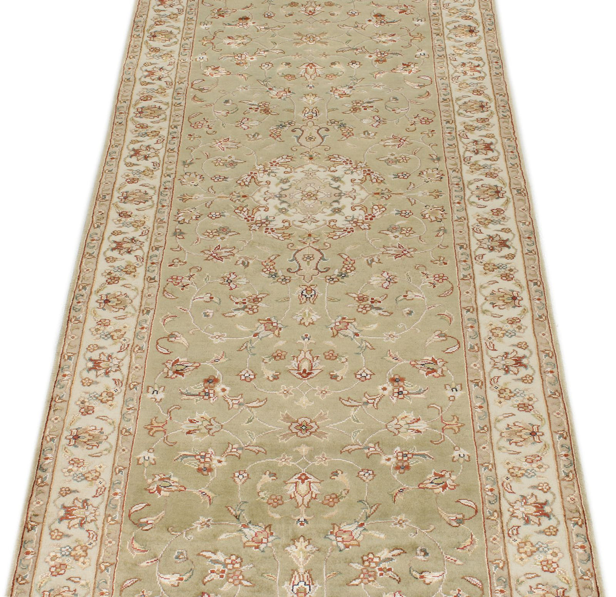 3x12 Light Green and Ivory Turkish Silk Runner