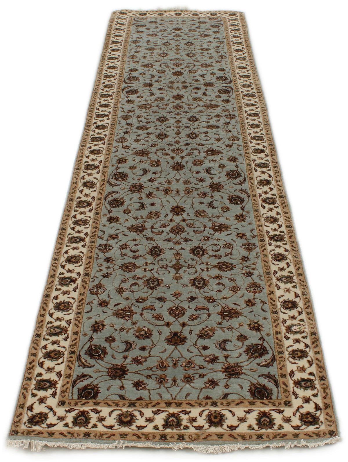 3x10 Light Blue and Ivory Turkish Silk Runner