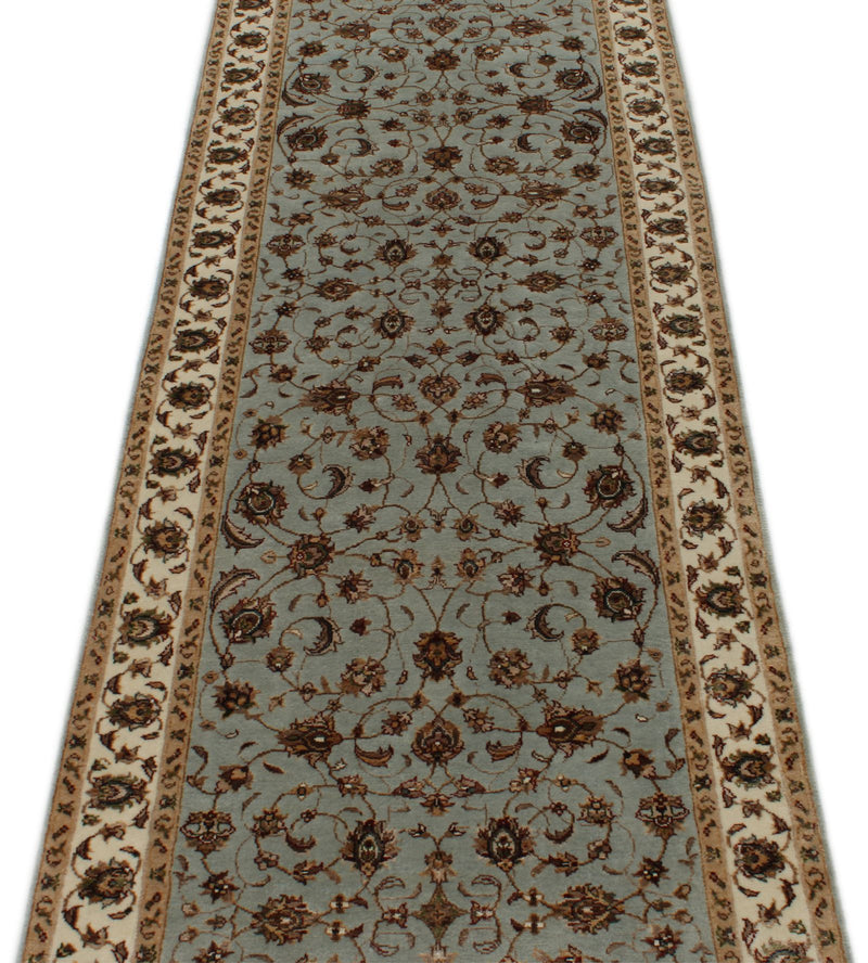 3x10 Light Blue and Ivory Turkish Silk Runner