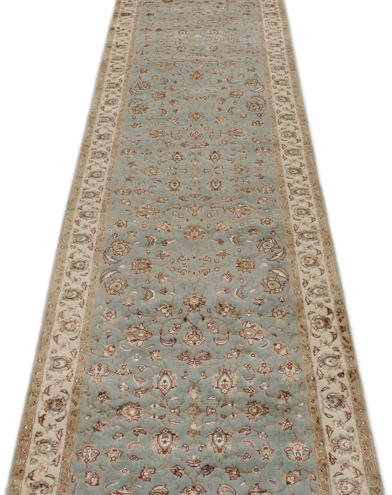 3x10 Light Blue and Ivory Turkish Silk Runner