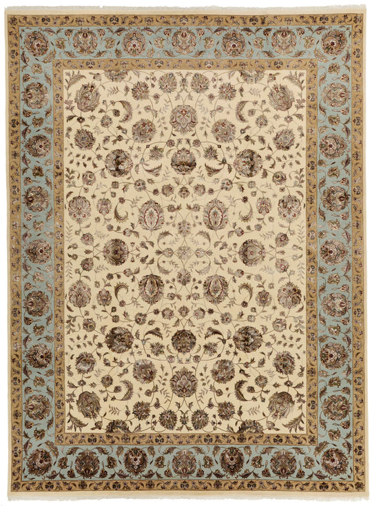 9x12 Ivory and Light Blue Turkish Silk Rug