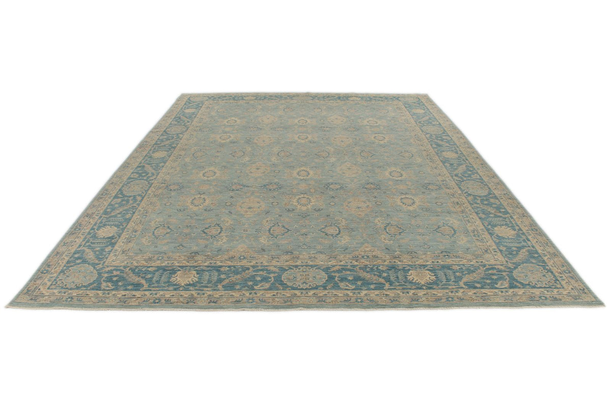 9x12 Blue and Ivory Anatolian Tribal Rug