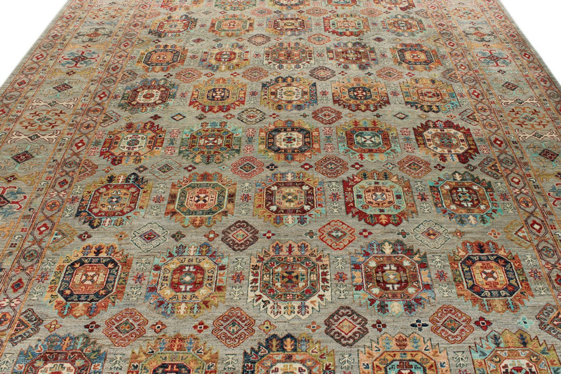 9x12 Gray and Multicolor Turkish Tribal Rug