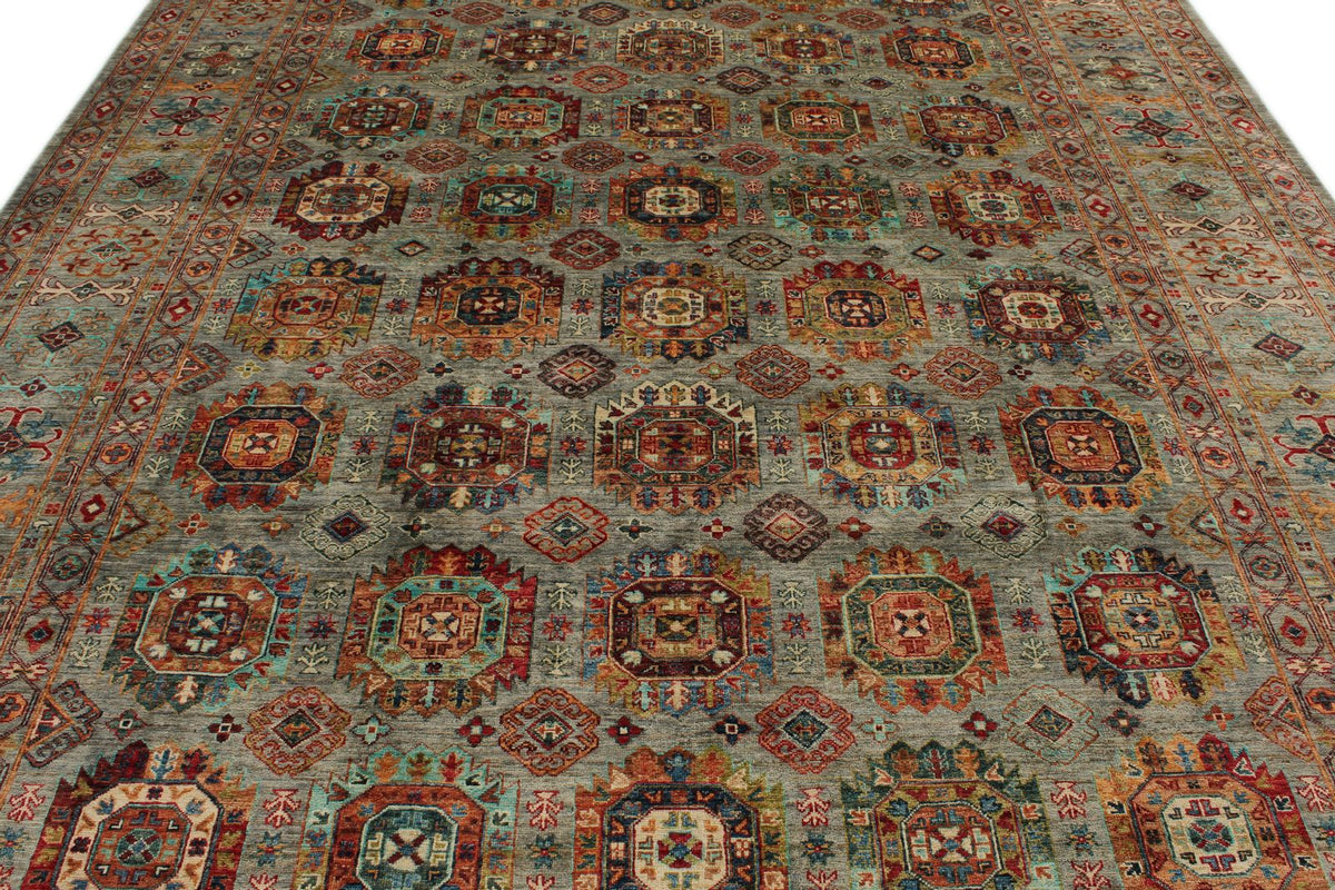 9x12 Gray and Multicolor Turkish Tribal Rug