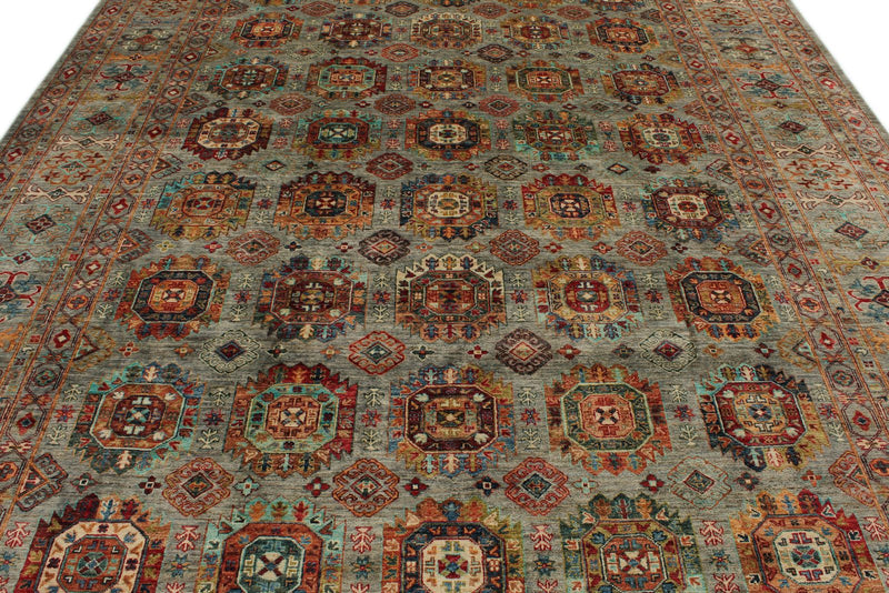 9x12 Gray and Multicolor Turkish Tribal Rug