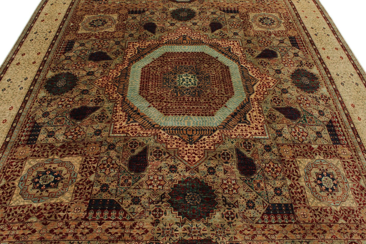 9x12 Green and Multicolor Turkish Tribal Rug