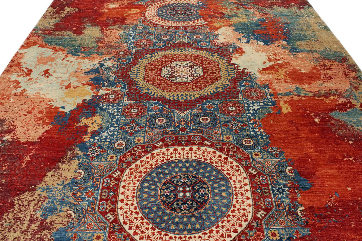 9x12 Red and Multicolor Turkish Tribal Rug