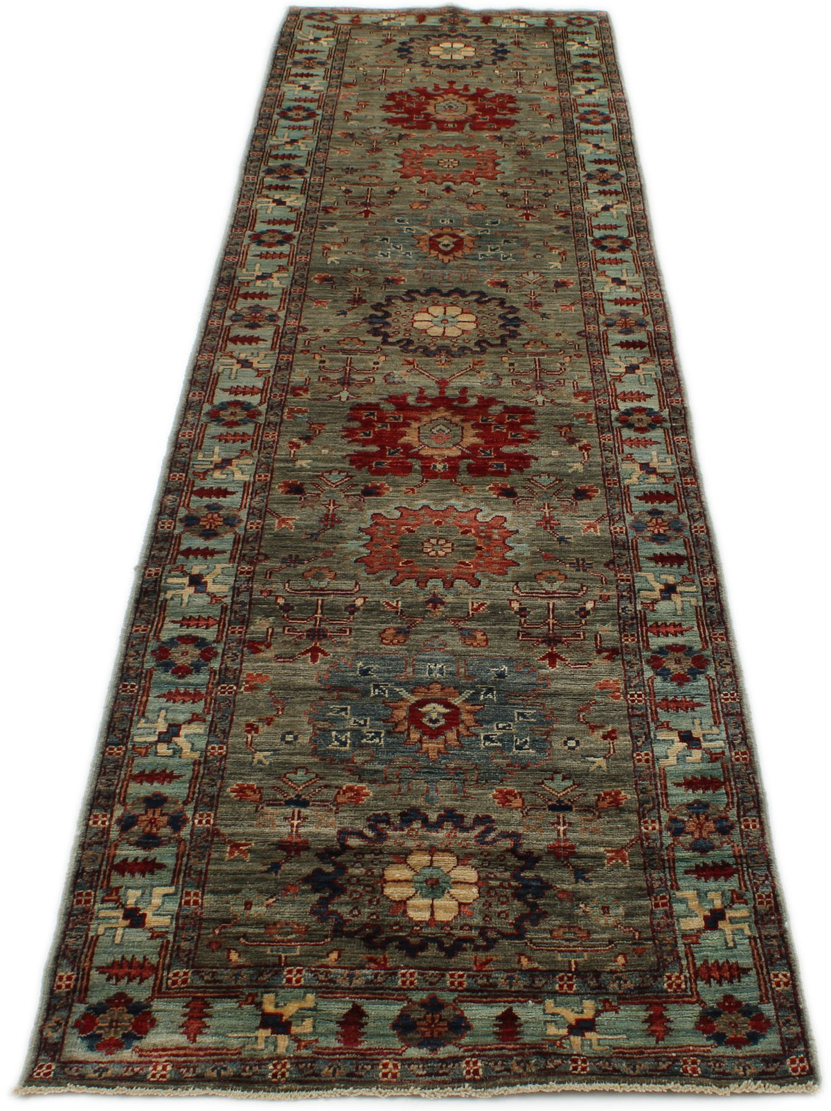 3x10 Green and Multicolor Anatolian Traditional Runner
