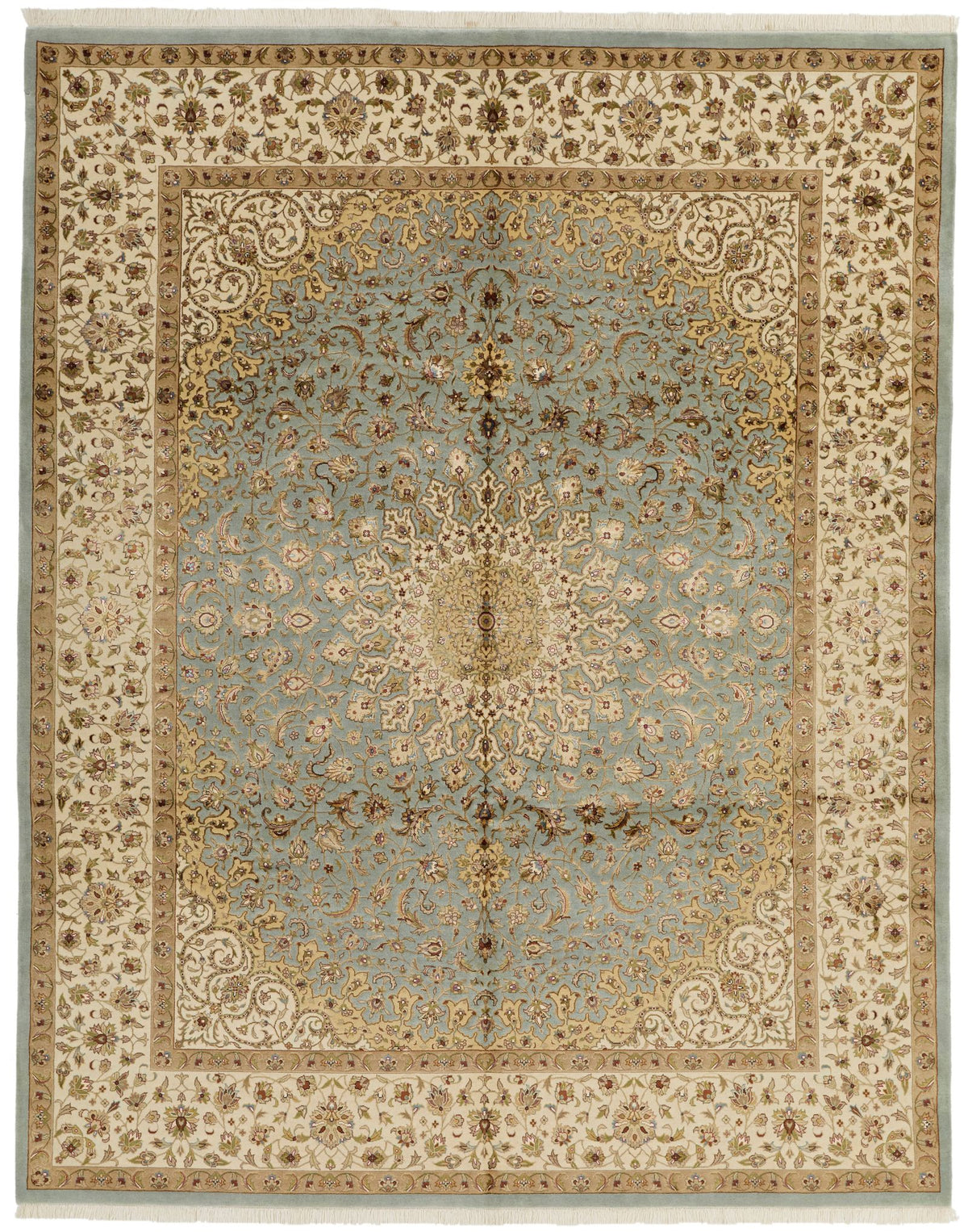 8x10 Light Blue and Ivory Turkish Silk Rug