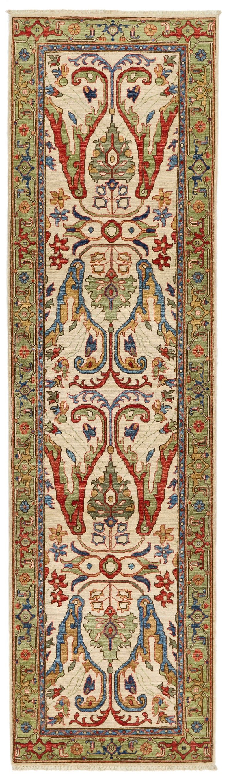 3x10 Ivory and Light Green Anatolian Traditional Runner