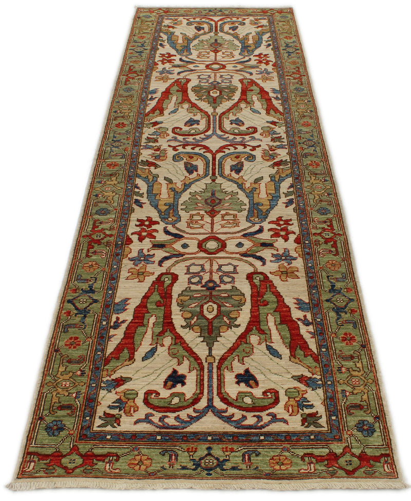 3x10 Ivory and Light Green Anatolian Traditional Runner