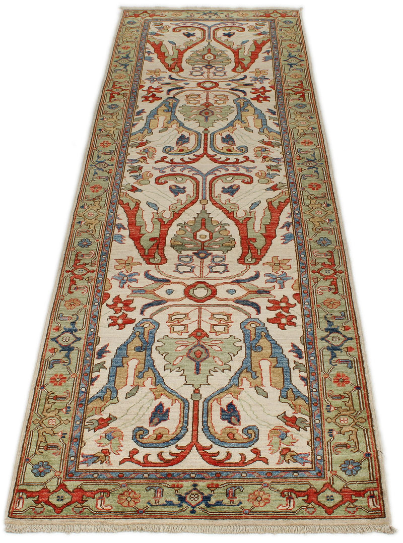 3x10 Ivory and Light Green Anatolian Traditional Runner
