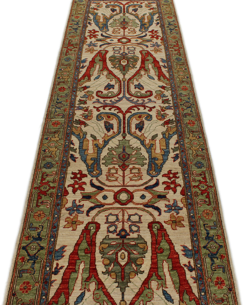 3x10 Ivory and Light Green Anatolian Traditional Runner