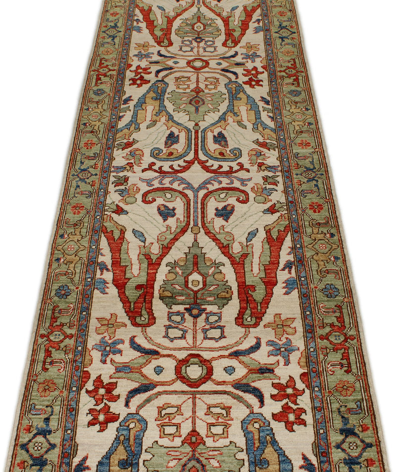 3x10 Ivory and Light Green Anatolian Traditional Runner