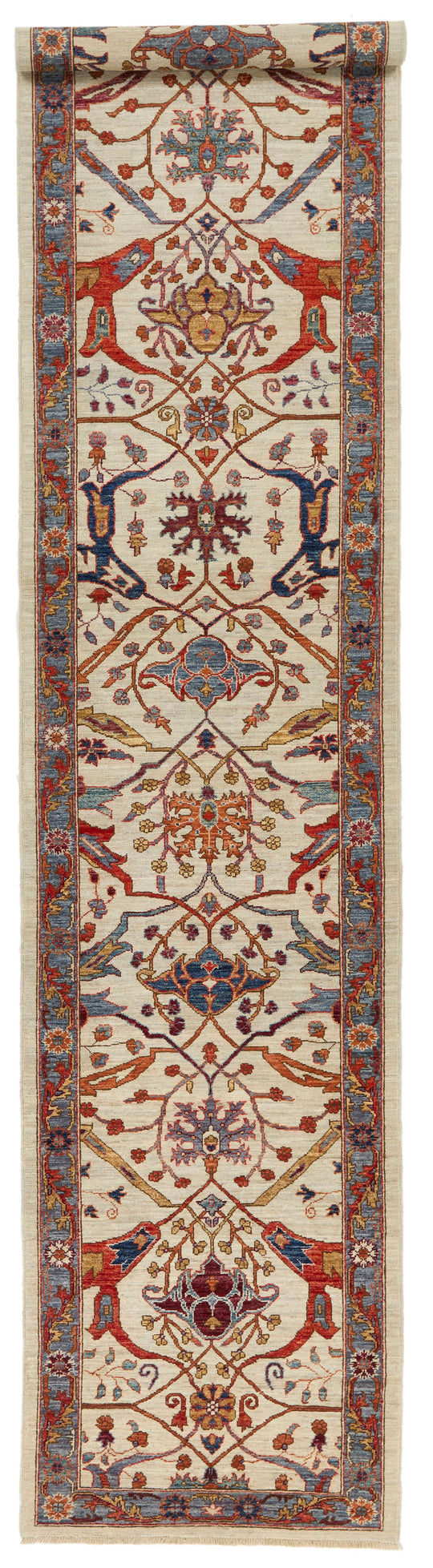 3x14 Ivory and Light Blue Anatolian Traditional Runner