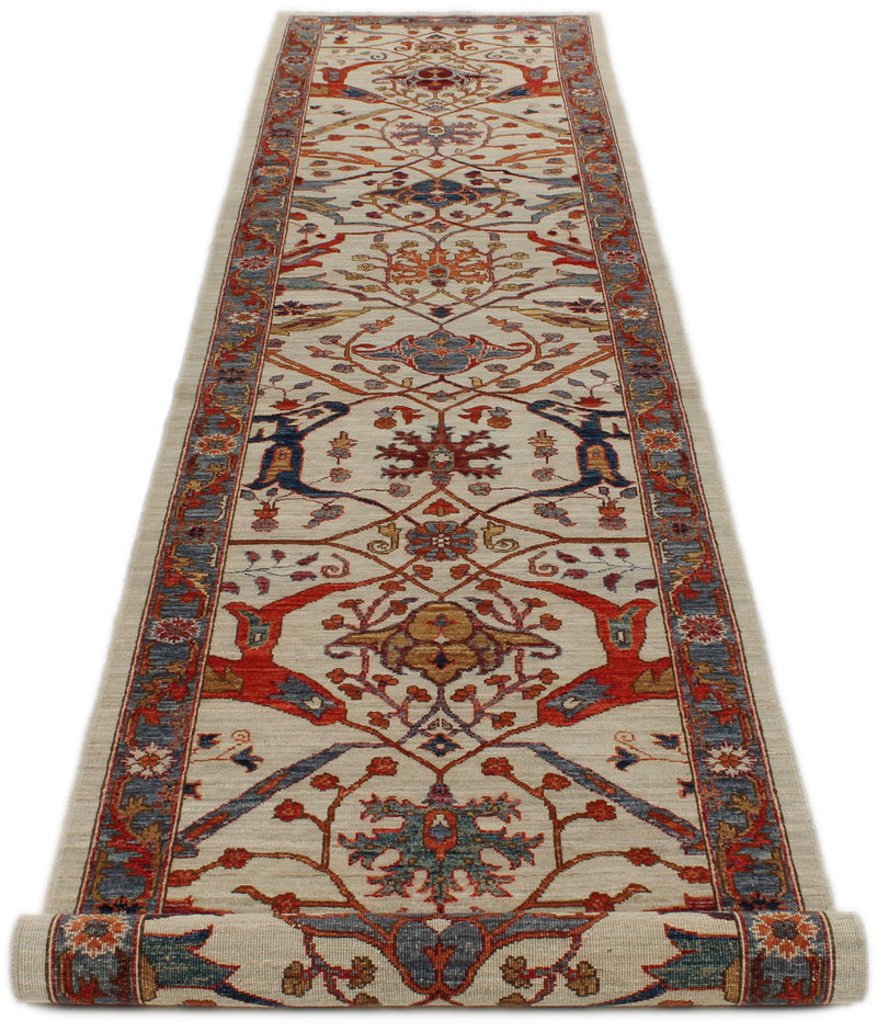 3x14 Ivory and Light Blue Anatolian Traditional Runner