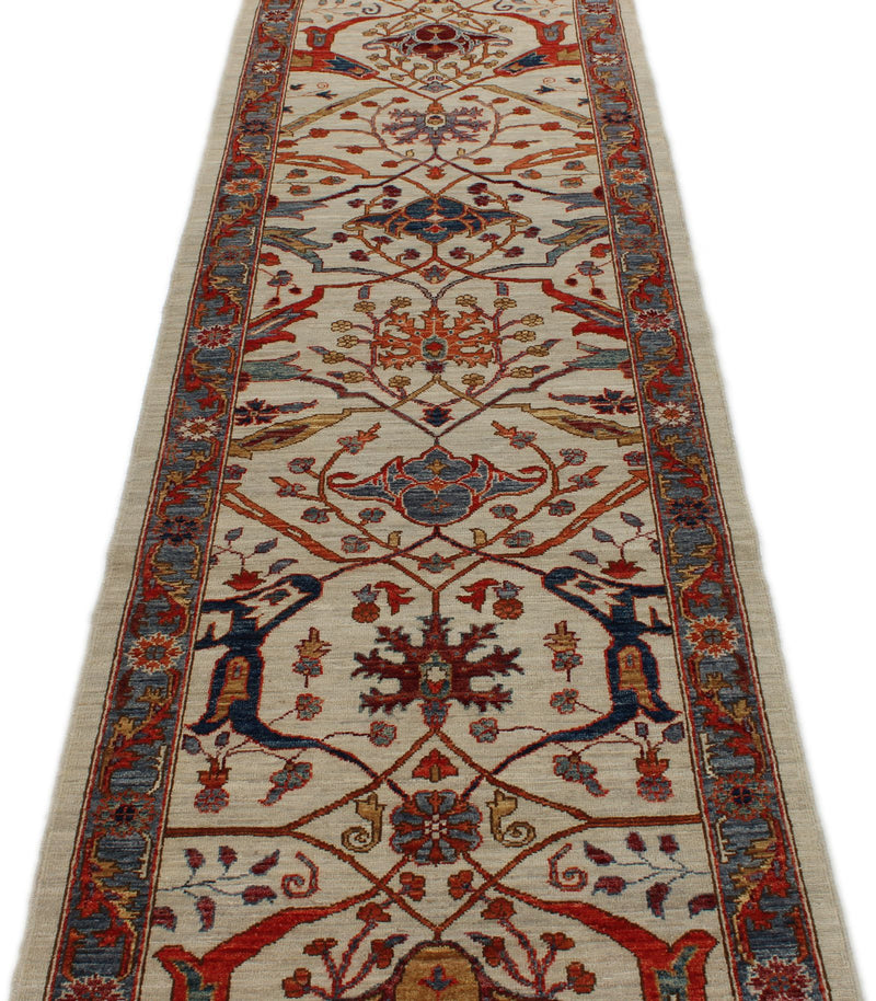 3x14 Ivory and Light Blue Anatolian Traditional Runner