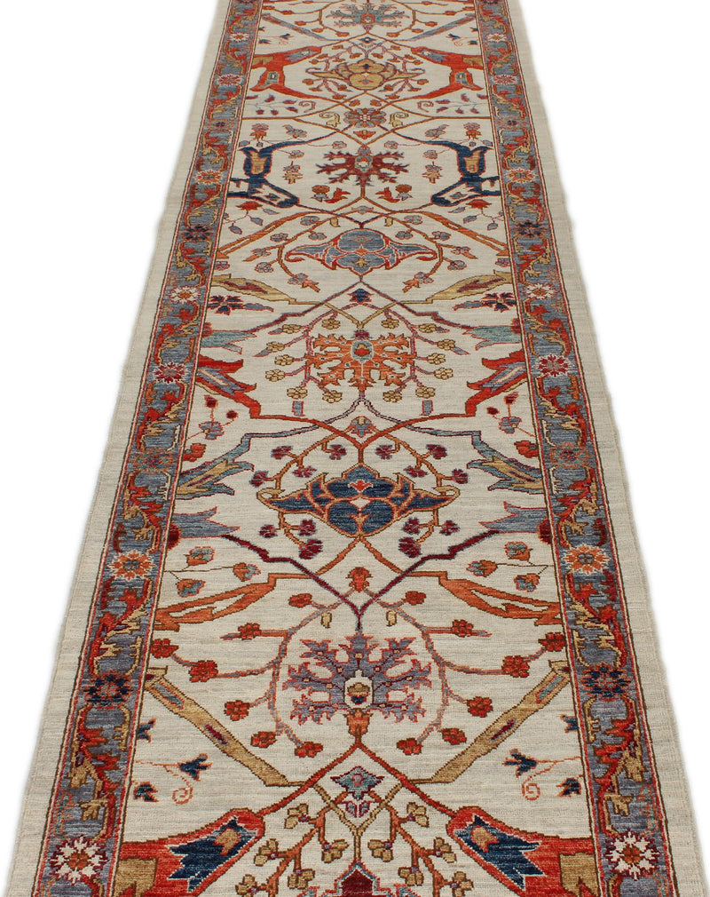 3x14 Ivory and Light Blue Anatolian Traditional Runner