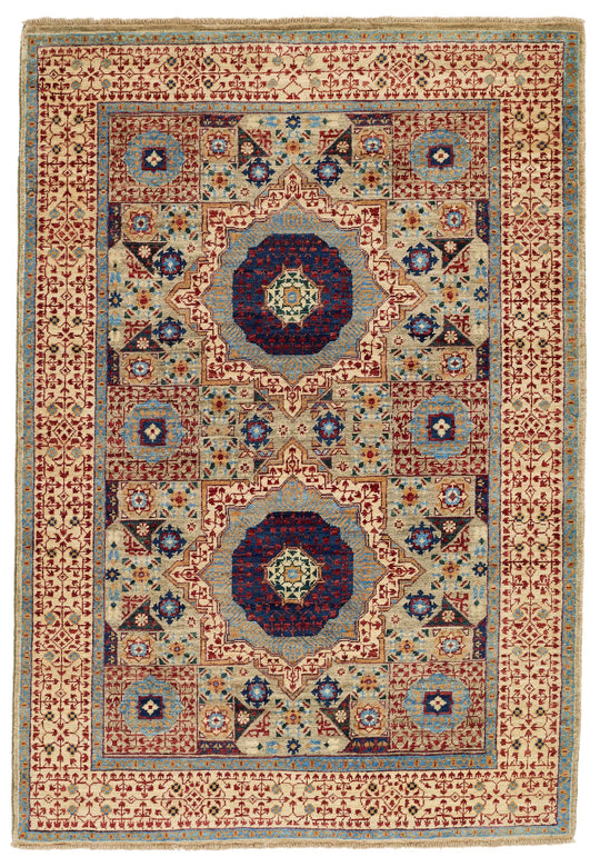 4x6 Multicolor and Ivory Turkish Tribal Rug