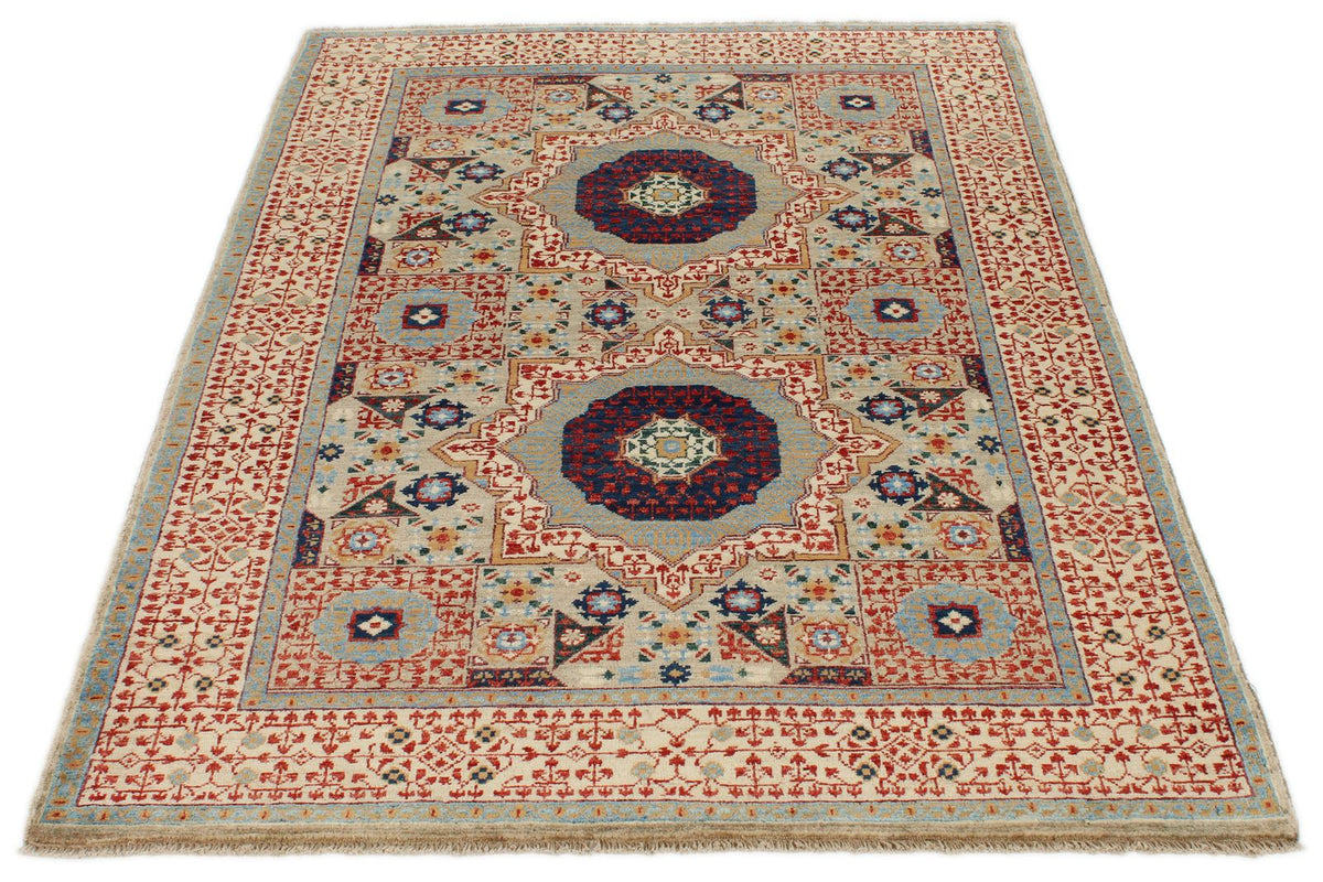 4x6 Multicolor and Ivory Turkish Tribal Rug