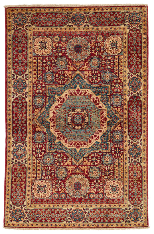 4x6 Red and Multicolor Turkish Tribal Rug