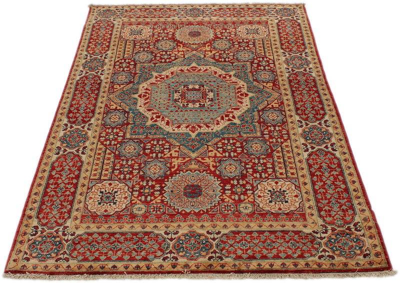 4x6 Red and Multicolor Turkish Tribal Rug