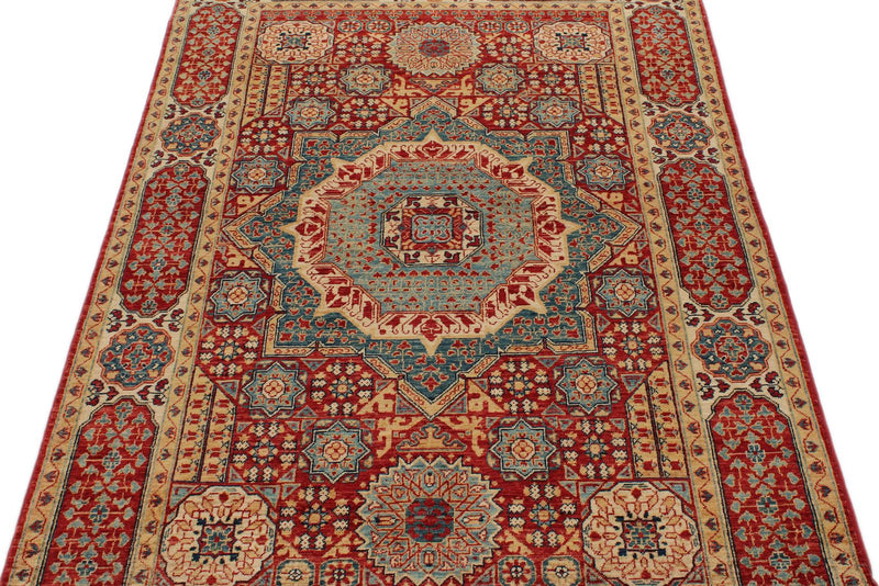 4x6 Red and Multicolor Turkish Tribal Rug
