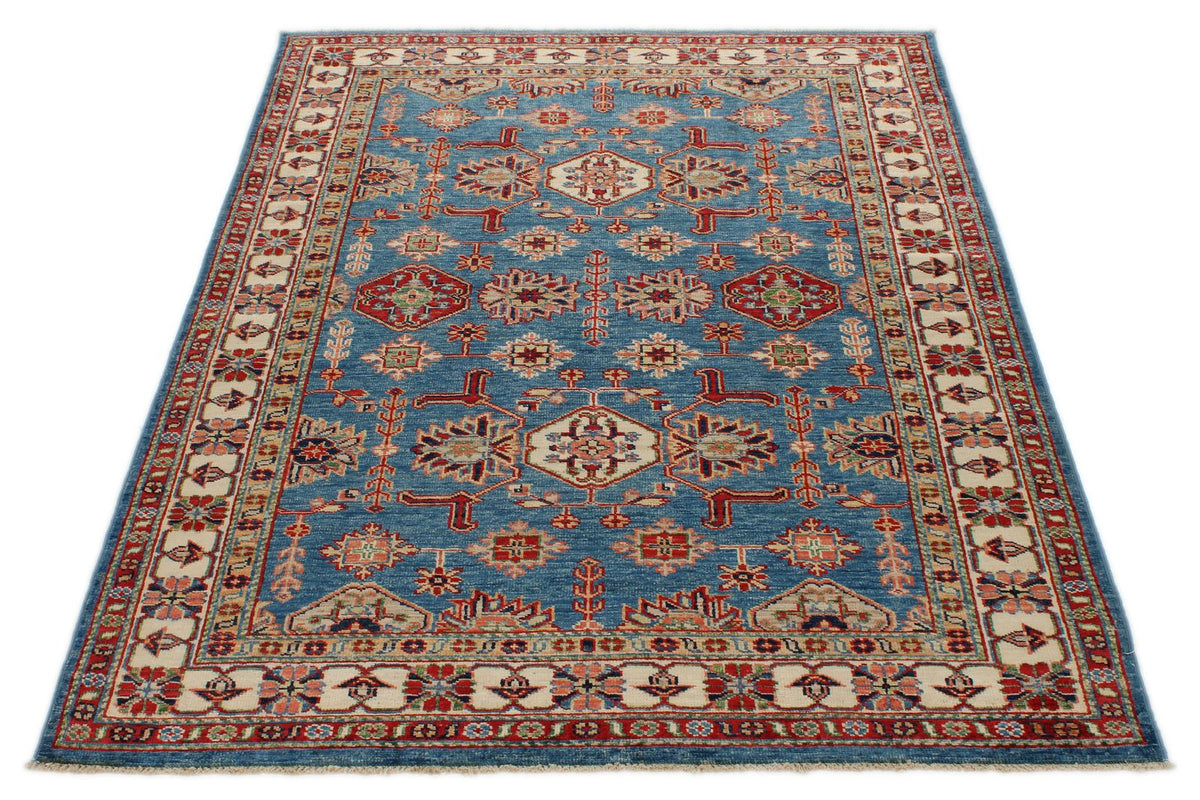 4x6 Light Blue and Ivory Kazak Tribal Rug