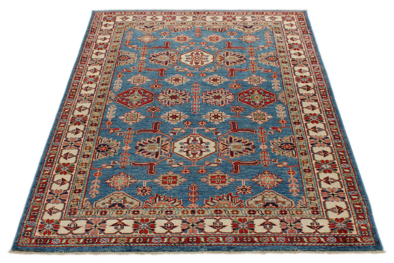 4x6 Light Blue and Ivory Kazak Tribal Rug