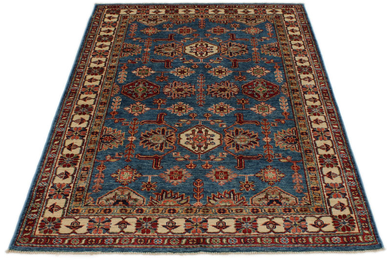 4x6 Light Blue and Ivory Kazak Tribal Rug
