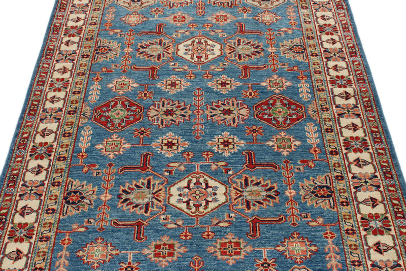 4x6 Light Blue and Ivory Kazak Tribal Rug