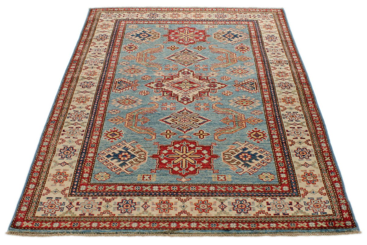 4x6 Light Blue and Ivory Kazak Tribal Rug